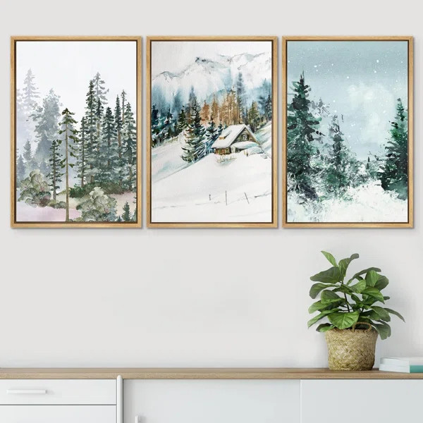 Winter Snow Pine Tree Forest Cabin Framed On Canvas 3 Pieces Print | Wayfair North America