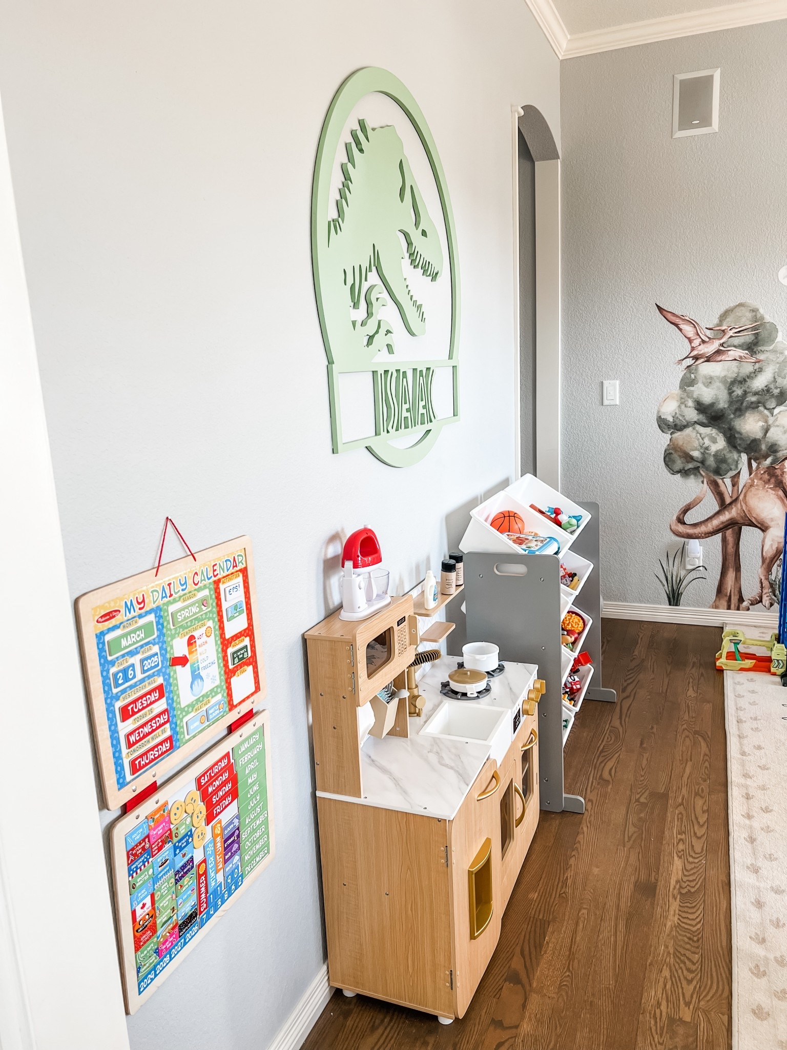 Toys and decor for our dinosaur playroom! 
We added this magnetic calendar and it’s been a fun addition to our morning routine. This play kitchen is also on sale for under $150 which is way less than I’ve seen it for! 

Playroom decor, toy room, boys room, boy toys, toddler toys, kids toys, playroom, play kitchen, toddler room, educational toys  

#LTKSaleAlert #LTKKids #LTKHome