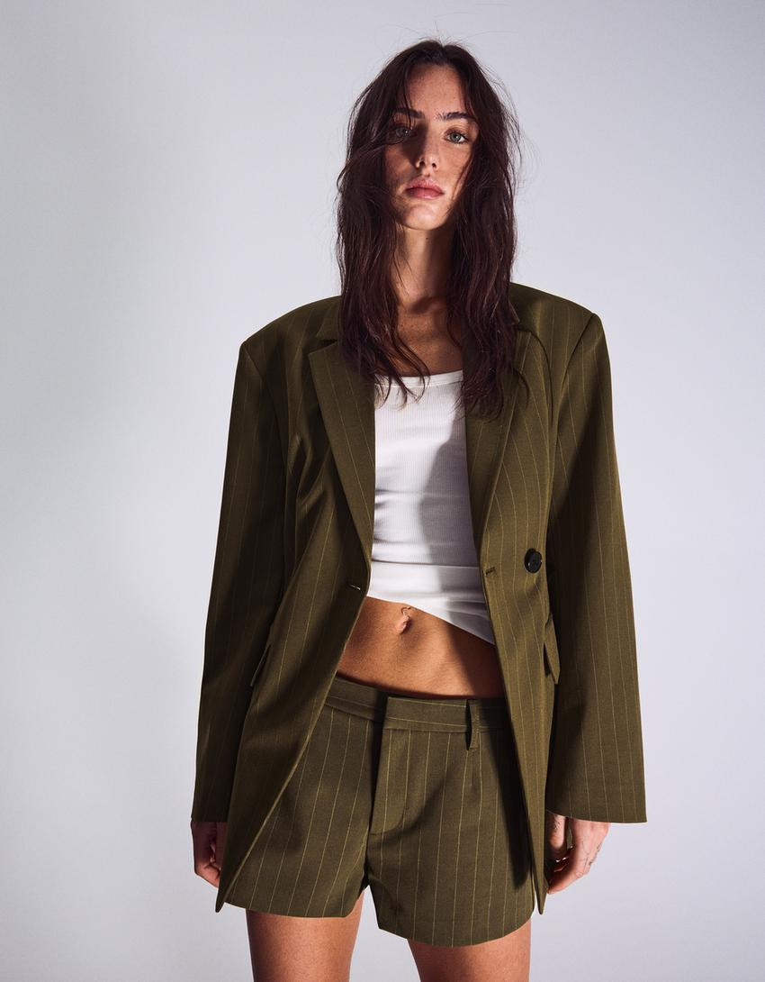 Striped double-breasted blazer - Women | Bershka UK