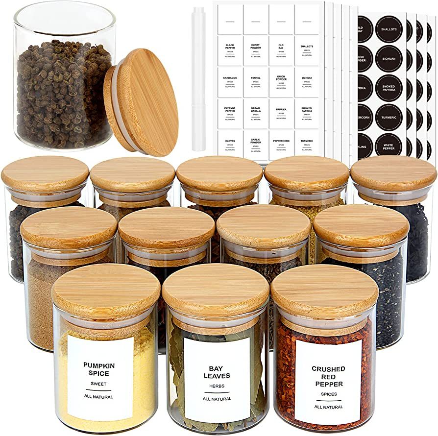 JuneHeart 32 PCS Glass Spice Jars with Bamboo Lids and 333 Waterproof Labels, 4oz Clear Food Stor... | Amazon (US)