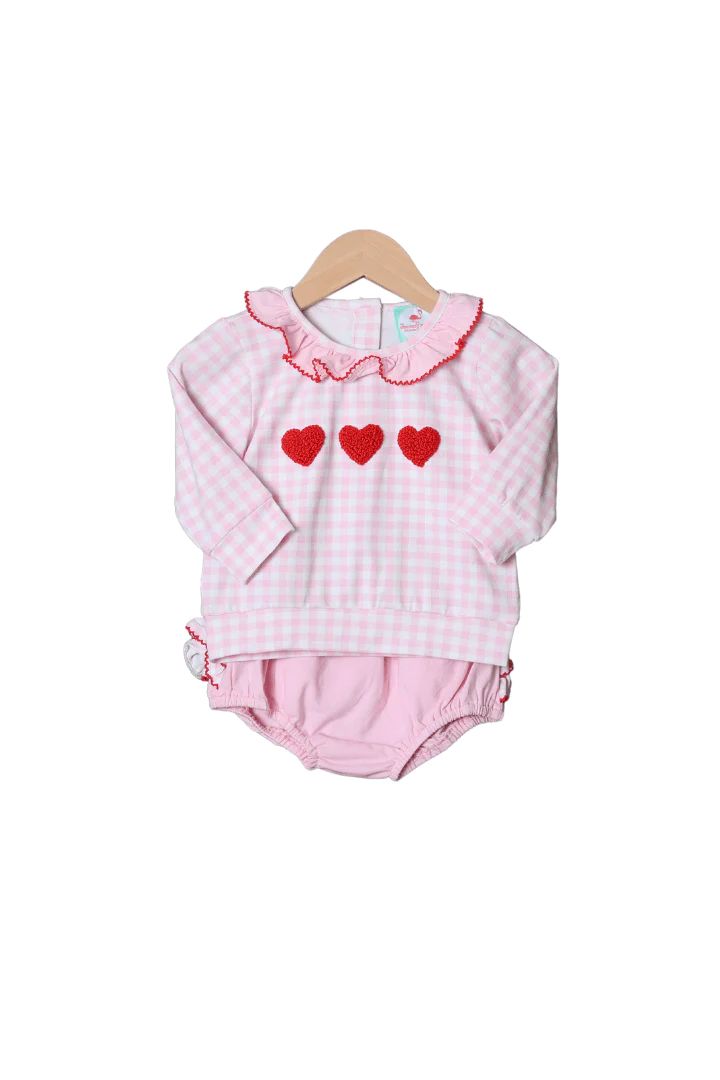 French Knot Red Heart Pink Gingham Knit Ruffle Bloomer Set | The Smocked Flamingo