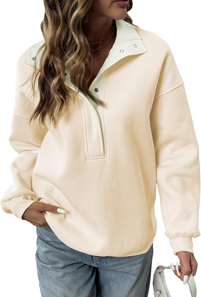 BLENCOT Mock Neck Sweatshirt for Women Quarter Button Long Sleeve Oversized Pullover Trendy Tops | Amazon (US)