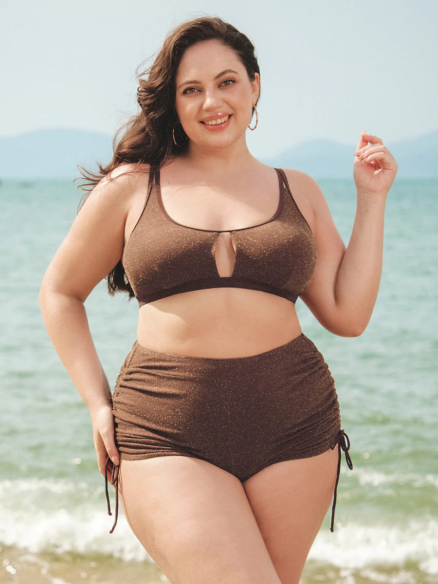 Dark Coffee Lurex Cutout Plus Size Bikini Top & Reviews - Dark Coffee - Sustainable Plus Size Bik... | BERLOOK