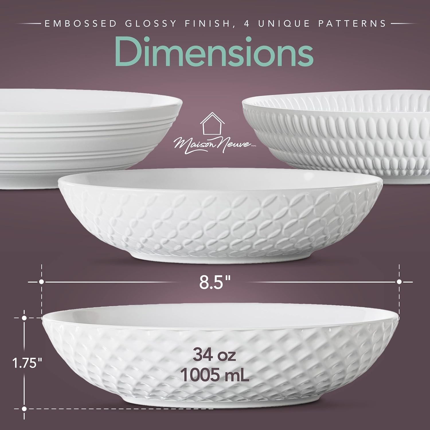 Maison Neuve Set of 4 White 34oz Porcelain Dinner Bowls - Dishwasher - Safe Textured 8.5" Bowls F... | Amazon (US)