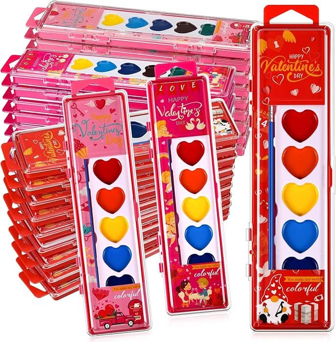 12 Packs Valentines Heart Watercolor Paint Set 8 Washable Colors with Brushes Water Color Paintin... | Amazon (US)