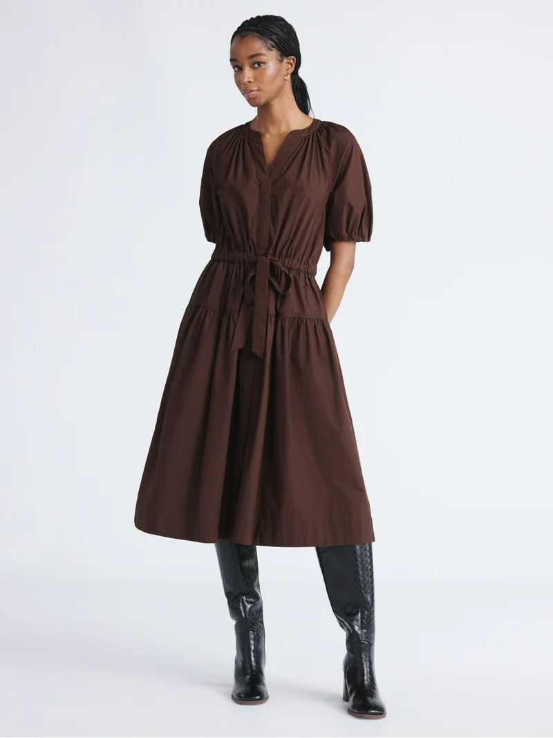 Free Assembly Women's and Women's Plus Cotton Midi Dress with Puff Sleeves, Sizes XS-4X | Walmart (US)