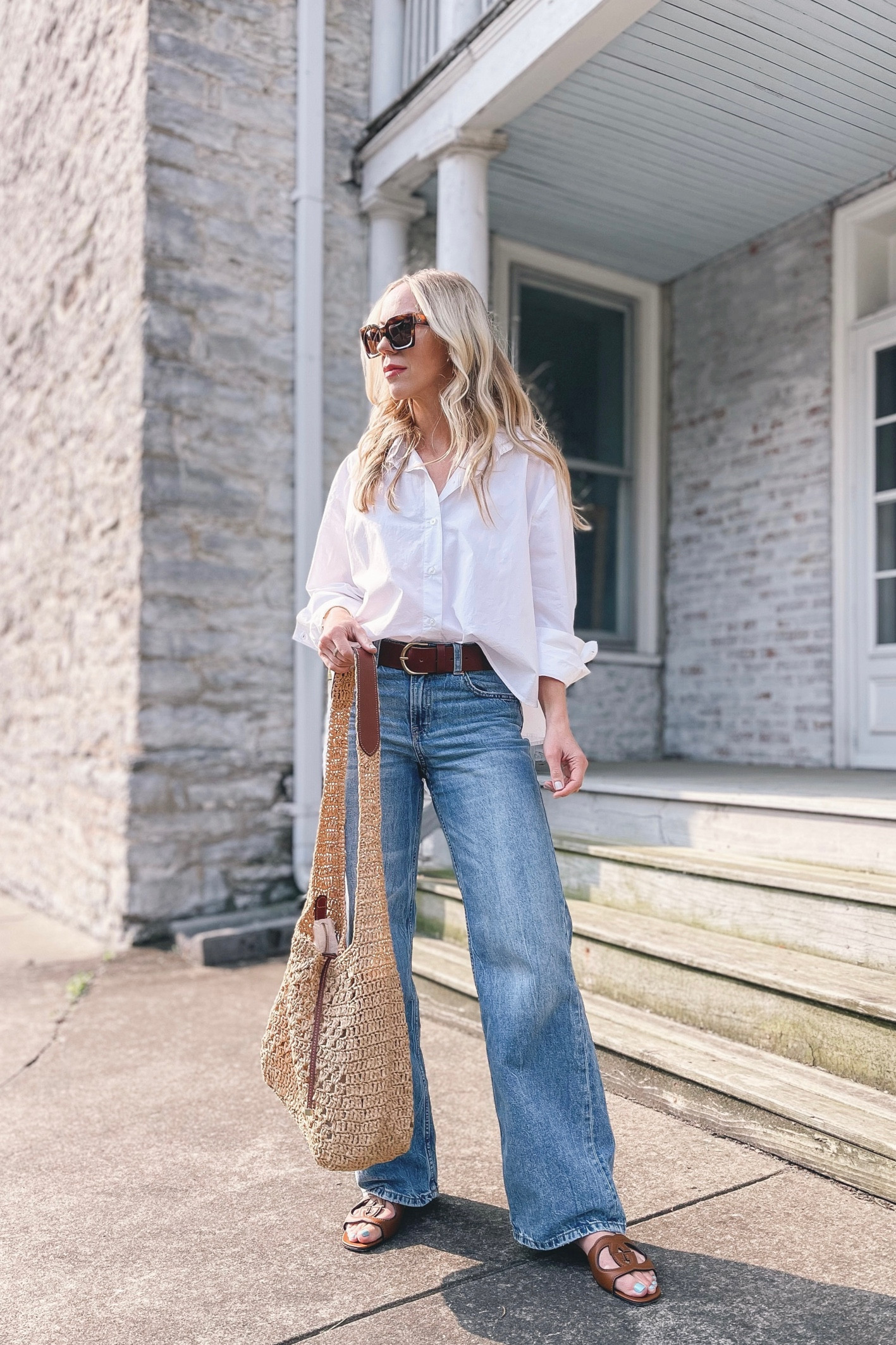 Casual summer outfit, wide leg jeans, white oversized shirt, straw tote bag, affordable fashion 

#LTKitbag #LTKunder50 #LTKunder100
