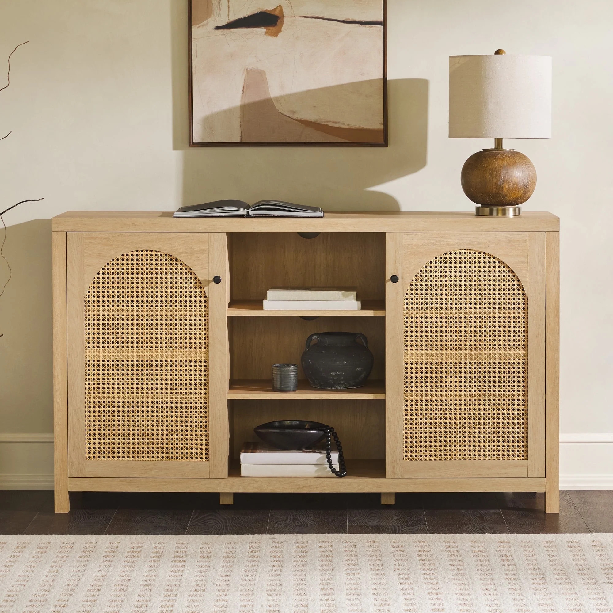 Walker Edison 58" Modern 2-Door Sideboard with Rattan Panels, Coastal Oak | Walmart (US)