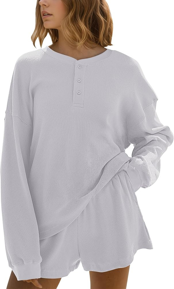 MSBESYOR Womens Waffle Knit Lounge Sets, 2 Piece Oversized Long Sleeve Sweatshirt and High Waiste... | Amazon (US)