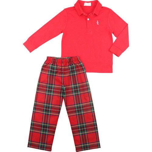 Red And Green Holiday Plaid Polo Pant Set | Cecil and Lou