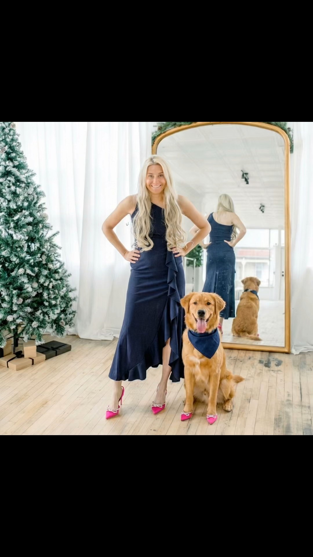 A bright, airy winter studio filled with soft natural light and holiday charm. A flocked Christmas tree stands to the left, its snowy branches adding a cozy festive touch. At center, a woman with long blonde hair wears a cream knit sweater dress layered under a muted sage-green coat, paired with tall caramel-brown boots and a chic wide-brimmed hat. Beside her sits an adorable golden retriever dressed to match—wearing a coordinating green jacket, a cream knit scarf, and a tiny beige hat tilted playfully. Behind them, a grand gold floor mirror trimmed with evergreen garland reflects the warm, stylish moment. The aesthetic is clean, modern, winter-neutral perfection—elevated, calm, and effortlessly Pinterest-worthy.

⸻

Hashtags

#winterstyle #holidayphotoshoot #matchingoutfits #dogmomlife #goldenretrieverlove #neutralaesthetic #winterfashion #christmasvibes #cozyseason #pinterestinspired #styledshoot #winterwardrobe #sweaterdressseason #holidayaesthetic #studiochristmas #fashionandpets #winteroutfits #minimalholiday #evergreenvibes #trendyheidi #goldenretrieversofinstagram #wintercozy #festiveszn #ootdwinter #holidaycontent

#LTKdayinmylife #LTKHoliday #LTKGiftGuide