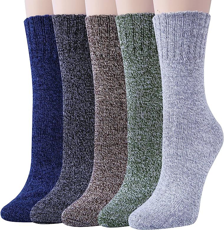 5 Pairs Womens Wool Socks Thick Knit Vintage Winter Warm Cozy Crew Socks Gifts | Amazon (US)