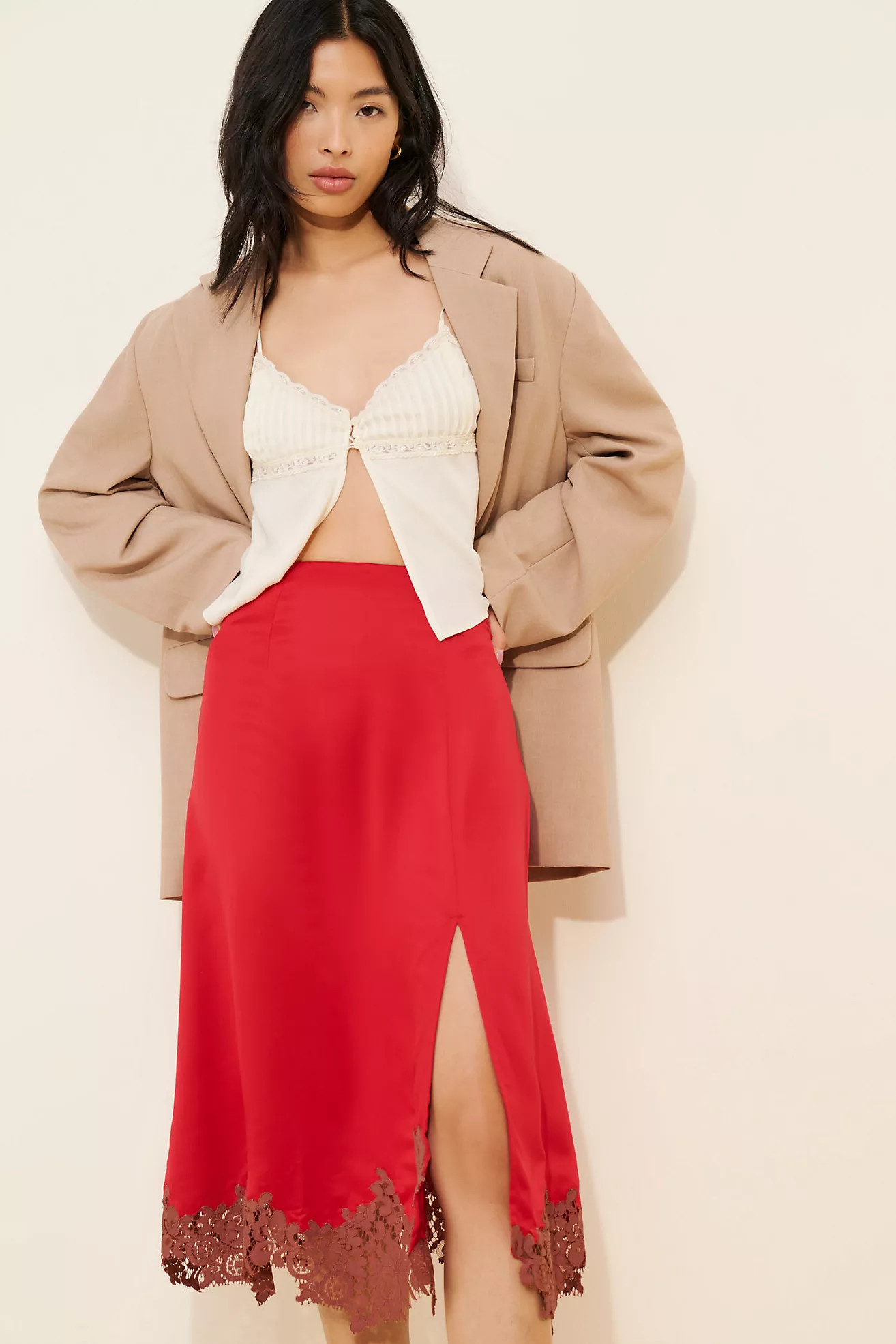 Bl-nk Lania Lace Trim Slip Midi Skirt | Anthropologie (US)