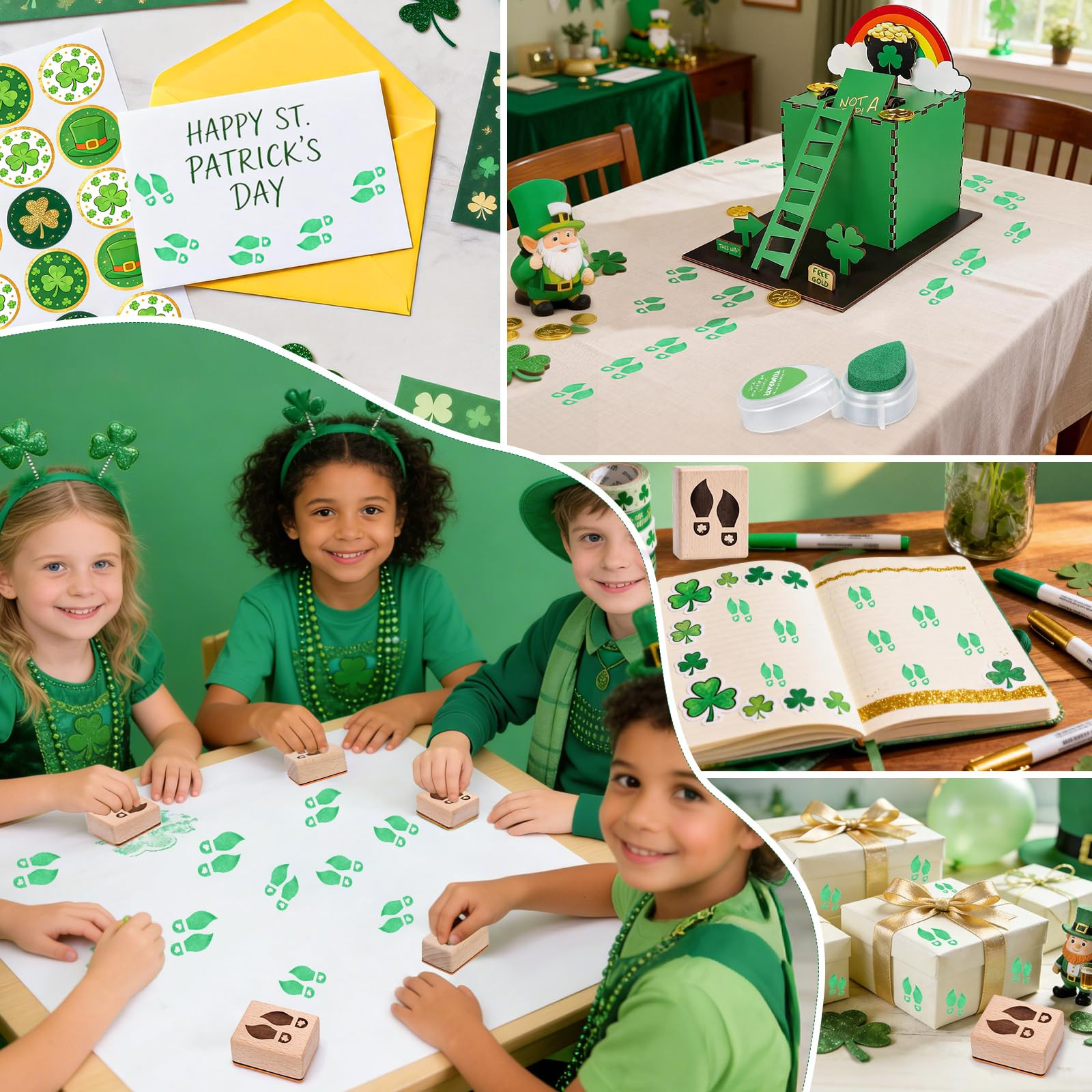 St. Patrick’ s Day Leprechaun Footprints Stamp Set, Wooden Rubber Mini Shamrock Footprint Stamp... | Amazon (US)