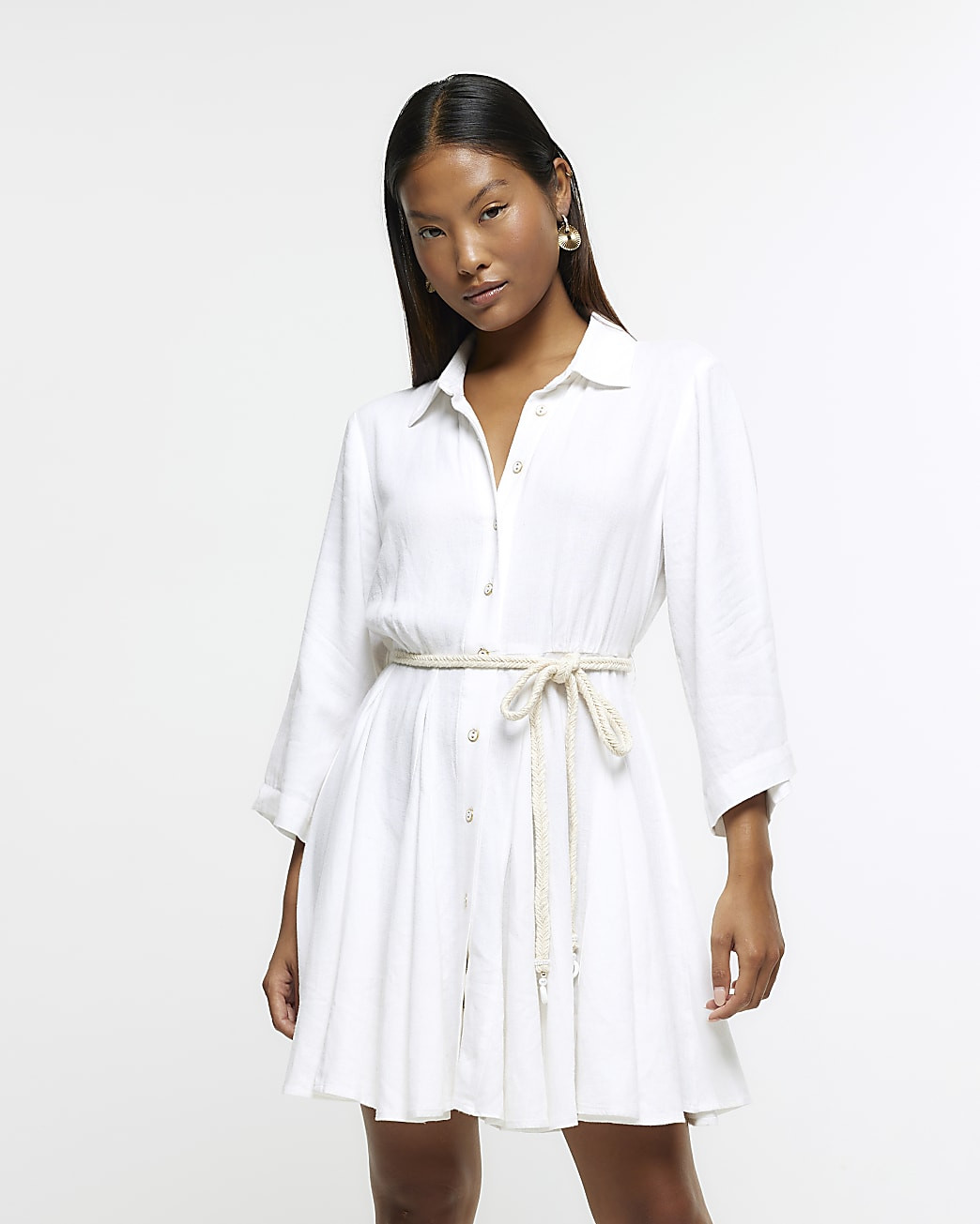 River Island Womens Petite White Mini Shirt Dress With Linen | River Island (UK & IE)