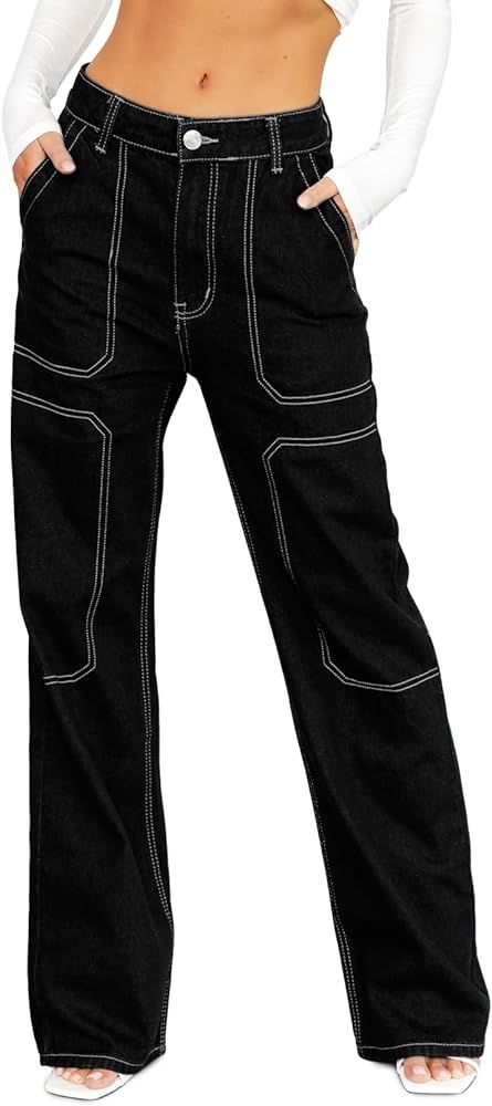 Sidefeel Women Cargo Jeans High Waisted Jeans for Women StretchWide Leg Denim Pants Size 6 Black | Amazon (US)