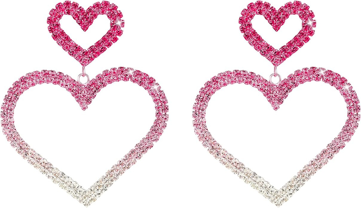 pVq Heart Earrings for Women Valentines Day Earrings Rhinestone Sparkly Pink Heart Dangle Earring... | Amazon (US)