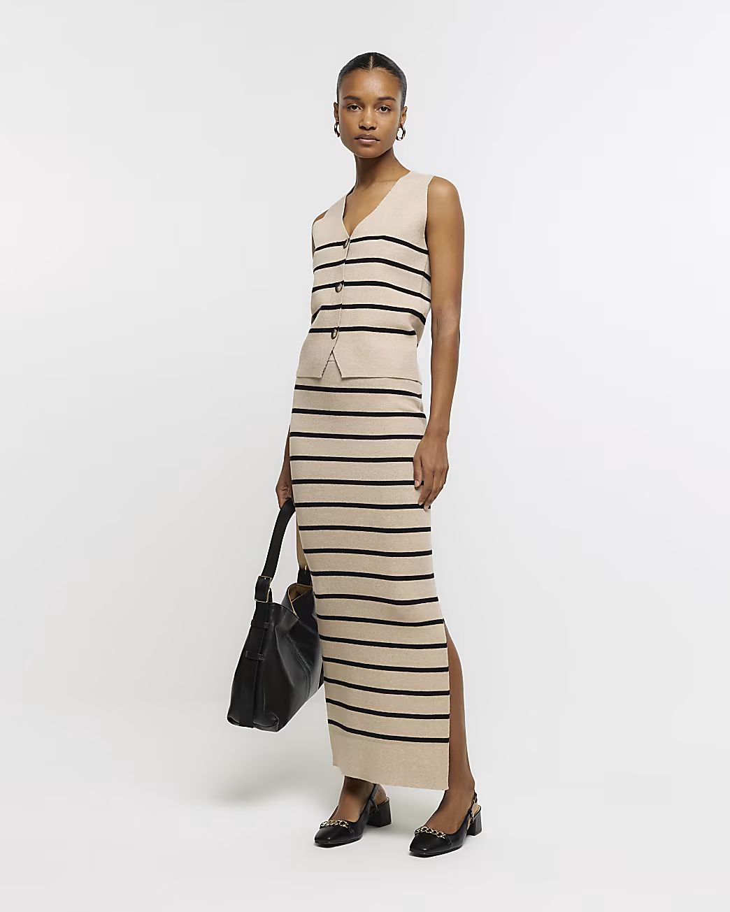 Beige knitted stripe maxi skirt | River Island (UK & IE)