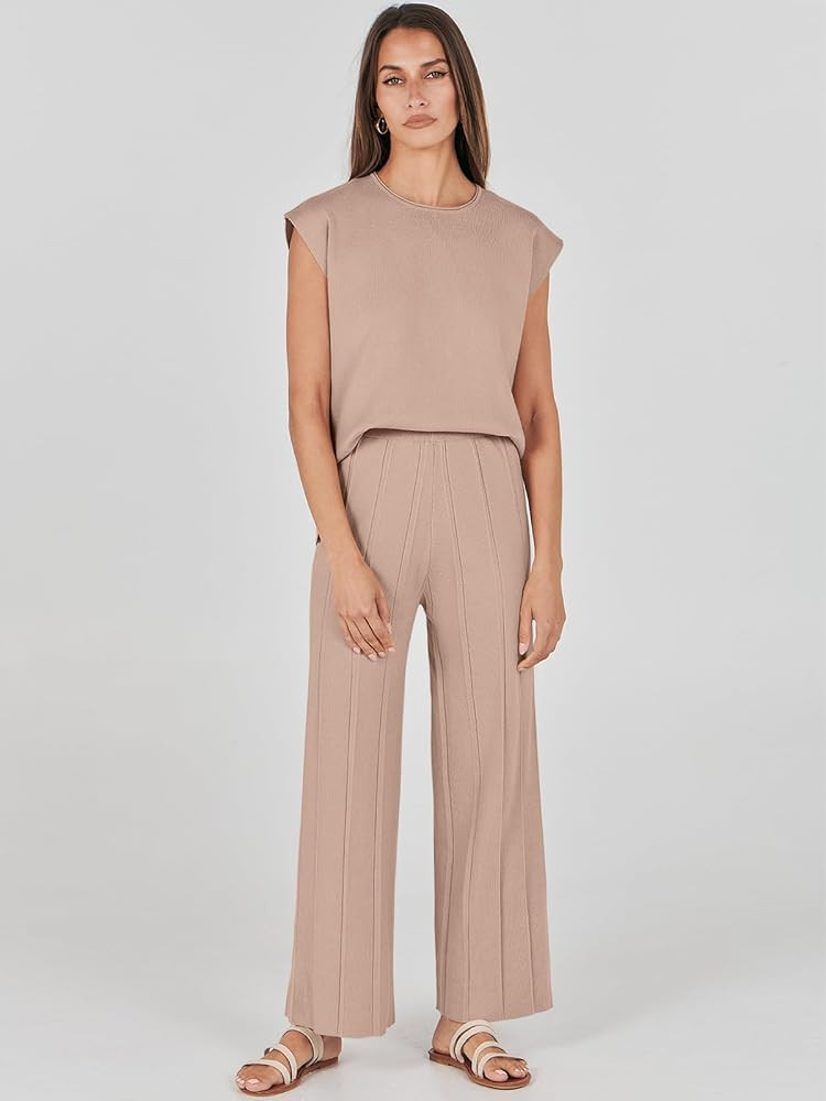 ANRABESS Women 2 Piece Outfits Casual Summer Sleeveless Tops Knit Pants Sweater Lounge Matching S... | Amazon (US)