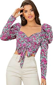 SOLY HUX Women's Floral Print Tie Front Long Bishop Sleeve Crop Top Blouse | Amazon (US)