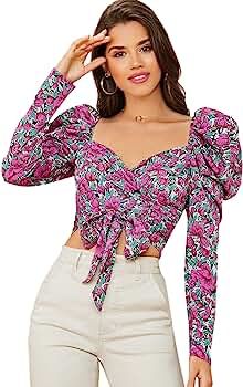 SOLY HUX Women's Floral Print Tie Front Long Bishop Sleeve Crop Top Blouse | Amazon (US)