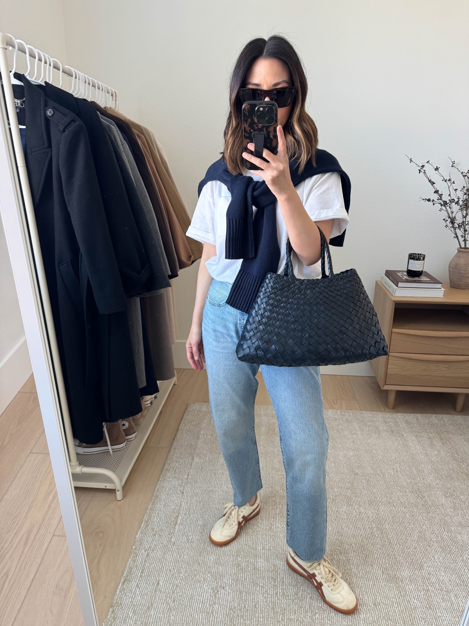 Easy basic outfits elevated. Good structured shirts and elevated jeans will help make your look better. 

J.Crew tee small
Everlane sweater xs
AGOLDE jeans 25. Cut hems
Onitsuka Tiger sneakers 4.5 mens
Dragon Diffusion santa croc small
Celine sunglasses
J.Crew earrings
Dorsey James necklace 15"

#LTKPetite #LTKShoeCrush #LTKItBag