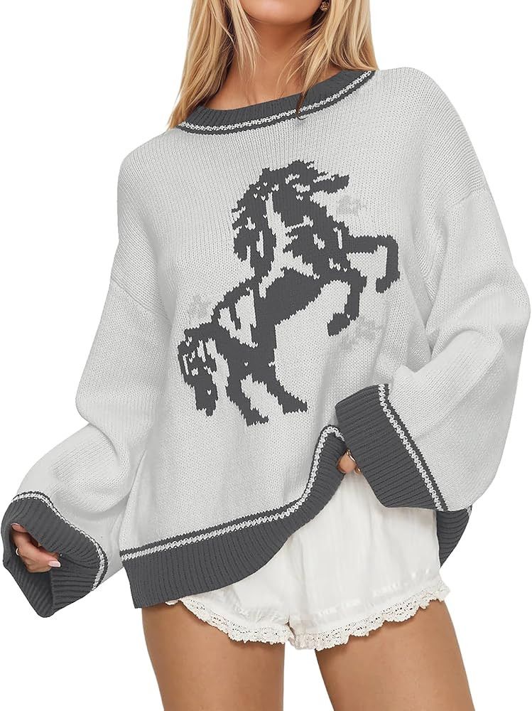 Crew Neck Oversized Sweater for Women Y2k Long Sleeve Sweaters Horse Graphic Knit Pullover Trendy... | Amazon (US)