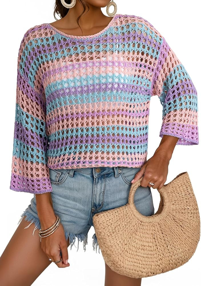 Dokotoo Womens Spring Summer 3/4 Sleeve Crochet Sweater Hollow Out Color Block Striped Tops Casua... | Amazon (US)