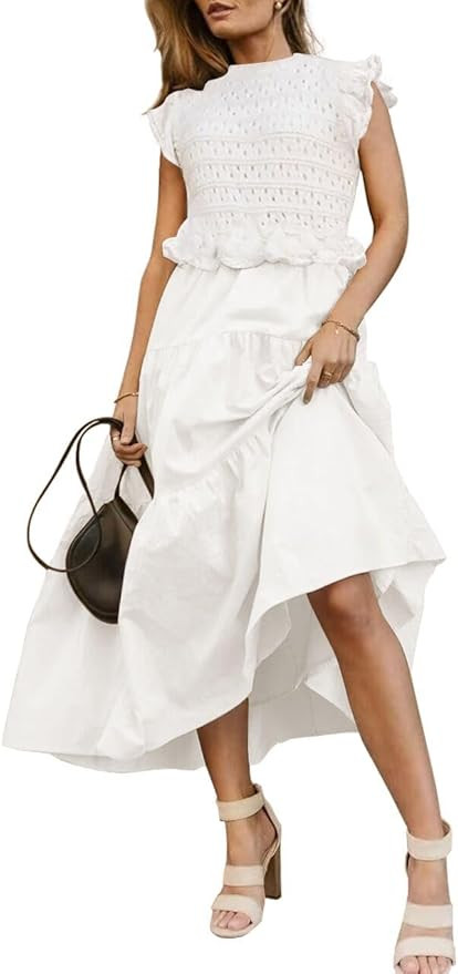 Women’s Summer Causal Ruffle Sleeve Crochet Knit Tops Long Dress for Ladies Fall Trendy Formal ... | Amazon (US)