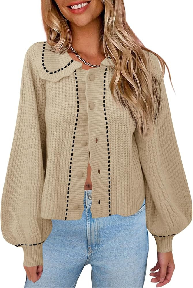 Saodimallsu Womens Puff Sleeve Cardigans 2024 Fall Babydoll Collared Button Loose Ribbed Knit Col... | Amazon (US)