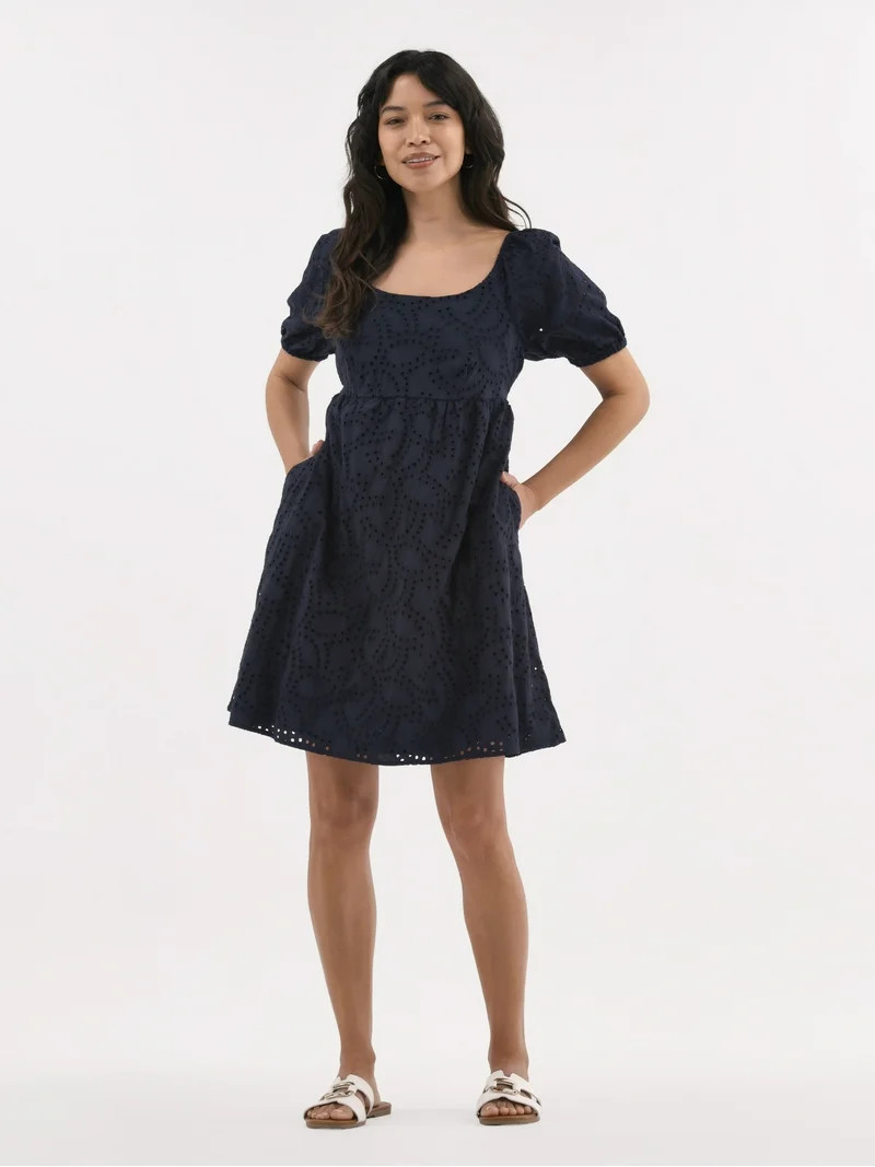 Time and Tru Women's Eyelet Dress with Puff Sleeves, Sizes XS-XXXL | Walmart (US)
