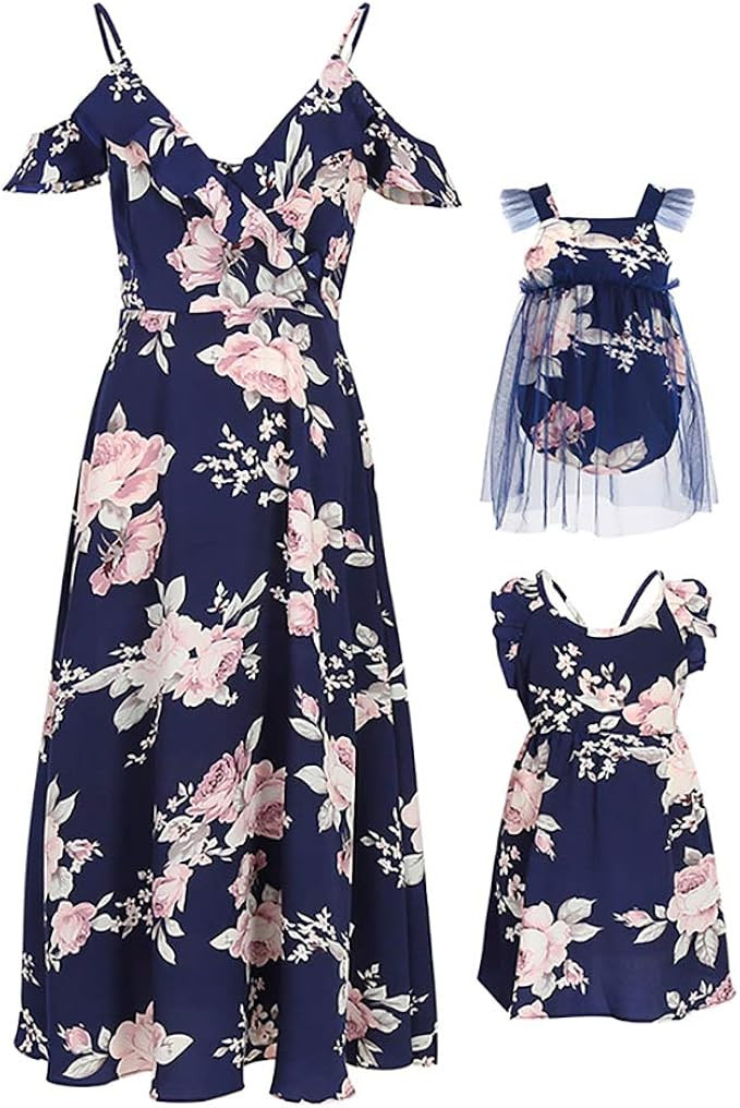 PopReal Mommy and Me Dresses Floral Print Cold Shoulder Ruffle Backless Strap Romper Beach Midi D... | Amazon (US)