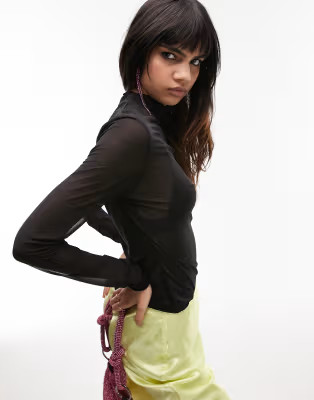 Topshop - Hoogsluitende top van mesh met lange mouwen in zwart | ASOS (Global)