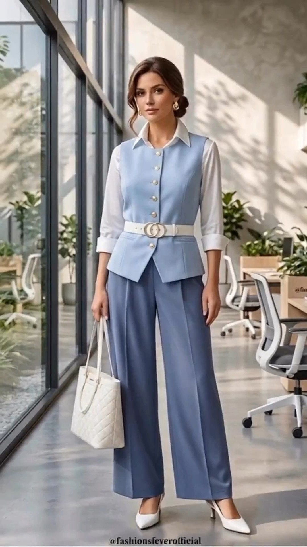 Business casual work wear. Summer Office Style: The Layered Vest
Level up your 9-to-5 style with this chic, tonal blue ensemble. Perfect for Spring/Summer office wear, this look combines professional tailoring with modern accessory styling.

• Aesthetic: Corporate Chic / Modern Professional / Quiet Luxury
• Colors: Baby Blue, Slate, Crisp White, Gold Accents
• Key Pieces: Tailored Vest, Wide-Leg Trousers, Poplin Shirt
• Trend: Waist-Cinching / Tonal Dressing / Layered Waistcoat
The Details
• The Hero: Structured round-neck vest buttoned over a crisp white shirt.
• The Silhouette: High-waisted wide-leg trousers for an elongated, fluid line.
• The Accessory Tip: Add a statement white belt over your vest to define the waist and add structure.
• The Finish: Pointed-toe slingbacks and a quilted tote for a polished, cohesive look.

Occasion: Boardroom meetings, professional luncheons, or elevated everyday office wear.

#OfficeInspo #WorkWearStyle #SpringOutfits #CorporateFashion #BlueAesthetic #ProfessionalStyle #LTKStyletip

#LTKootd #LTKSeasonal #LTKWorkwear
