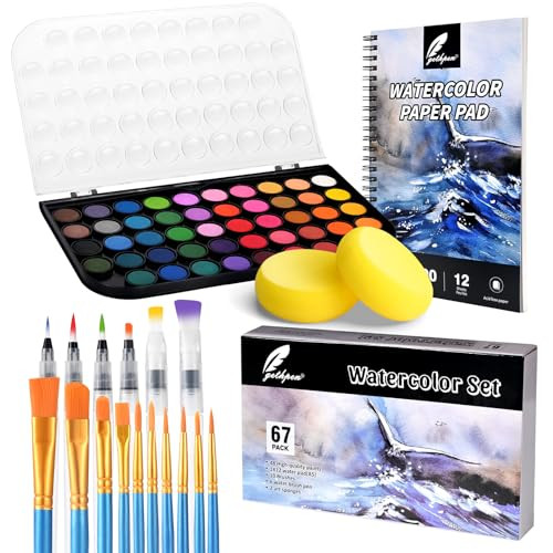 Watercolor Paint Set, 48 Color Watercolor with 10 PCS Nylon Brushes,6 PCS Refillable Water Brush Pen, 12 Page Pad and 2 PCS Art Sponges. Watercolor Paint set for Adults,Children and Beginners | Amazon (US)