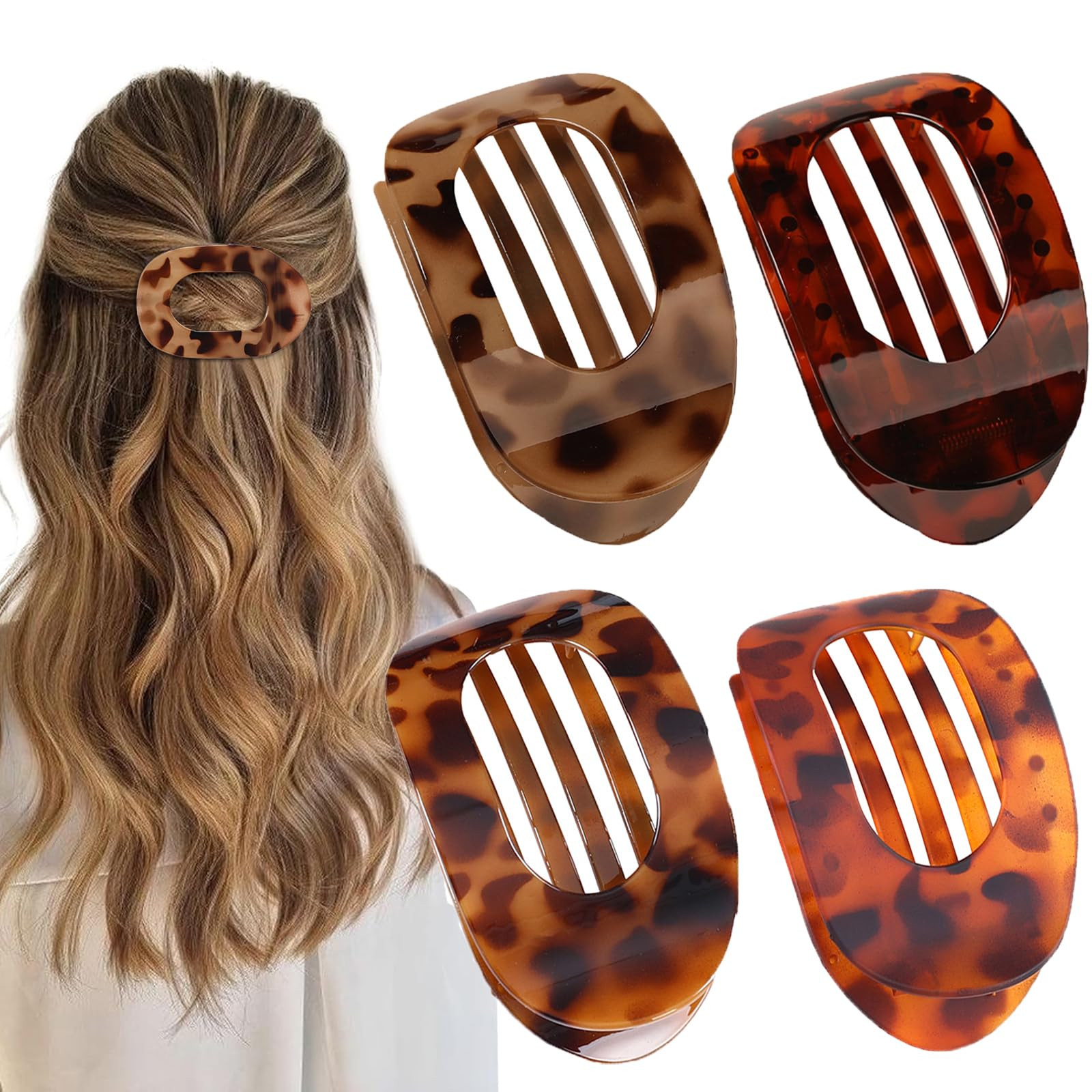 4 PCS Flat Hair Clips, Round Lay Down Claw for Women Girls, French Strong Hold Barrettes for Thic... | Amazon (US)