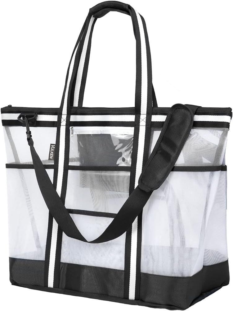 Vulken 42L Extra Large Mesh Beach Bag. 9 Pockets Top Zip Tote Bag Shoulder Bag | Amazon (US)