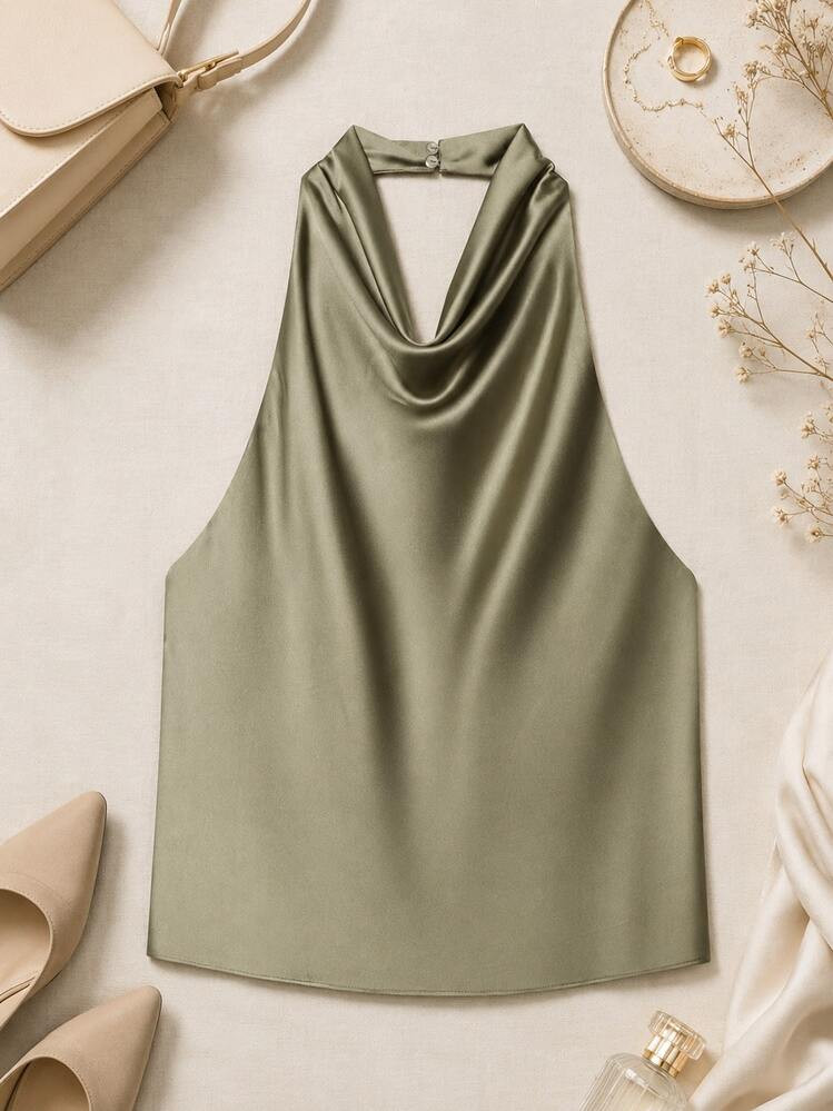 Spring/Summer Solid Color Satin Halter Neck Backless Top | SHEIN