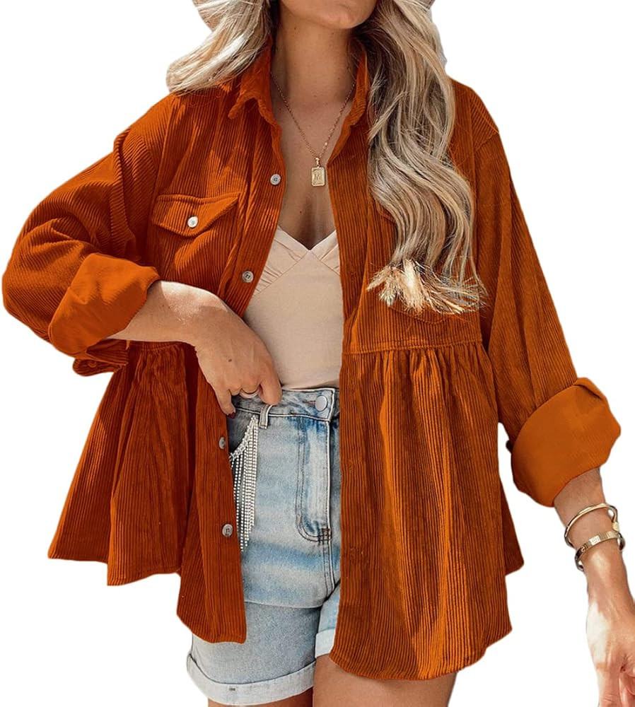 Womens Corduroy Peplum Shirts Tops Cute Long Sleeve Button Down Blouses with Pockets | Amazon (US)