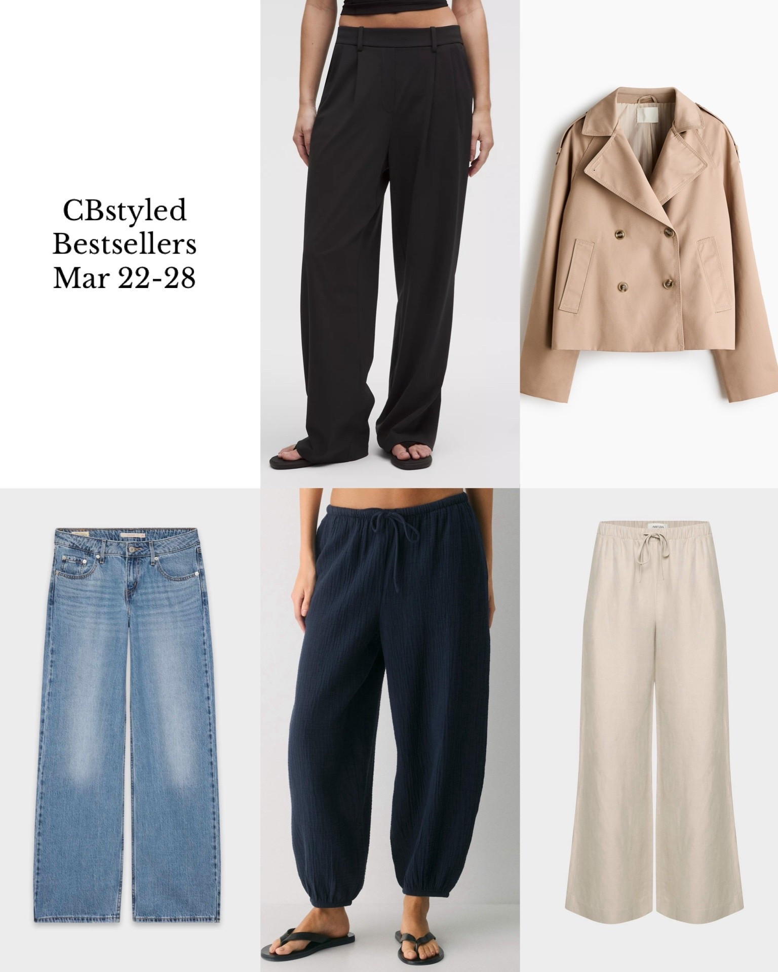 Bestsellers March 22-28! I’m 5’ 7”, size 4ish: 
1. Lululemon stretchy pants: stretchy pull on pants that are super comfortable but look like dress pants. My go to for travel! 11 colours. I have black and brown: Fit tts, I’m 5’ 7” wearing my usual size S in the 31.5” inseam, also available in short and tall inseams. 
2. Short trench: trendy style of jacket, great for spring! Fits tts 
3. Low rise jeans: Slightly low rise, very slouchy and soft. I’m in my usual size 27 (32” inseam). My wash is “good grades” and contains 55% cotton, 45% lyocell (Aritzia website says 100% cotton which might be true for the other washes). Also found them on the Canadian and U.S. Levi’s websites, US site has three inseams, Canadian only 30" and not all washes have lyocell
4. Lightweight pants: gauzy cotton material, perfect for summer! Elastic waist, 3 colors, fit tts/big, I got XS. 
5. Linen blend pants: elastic and drawstring waist, 11 colors, I’m 5’ 7” wearing S tall, regular length is a hair short on me. 


#LTKootd #LTKOver40 #LTKTall