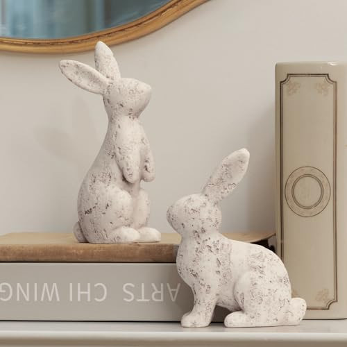DN DECONATION Easter Bunny Decorations Set of 2, Beige Resin Rabbit Statues, Home Decor Spring Rabbit Figurines, Travertine Bunny Sculptures Table Centerpiece, Vintage Farmhouse Indoor Decor Gift | Amazon (US)