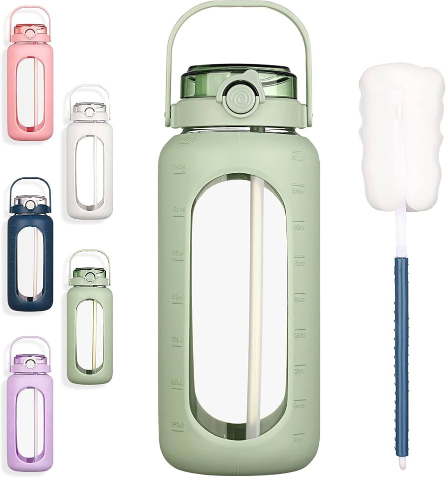BLUEGO 64oz Glass Water Bottles with Straw Time Marker Half Gallon Large Motivational Water Bottl... | Amazon (CA)