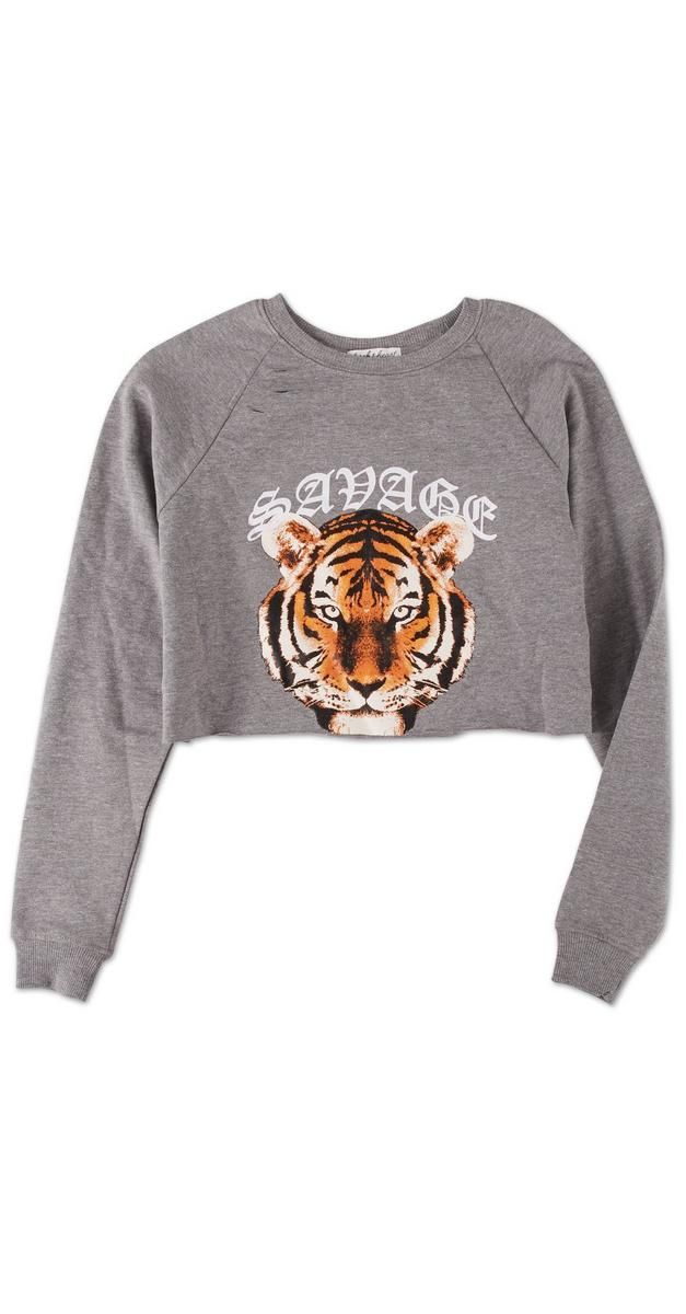 Juniors Savage Tiger Graphic Cropped Top - Grey-Grey-2329252528804   | Burkes Outlet | bealls