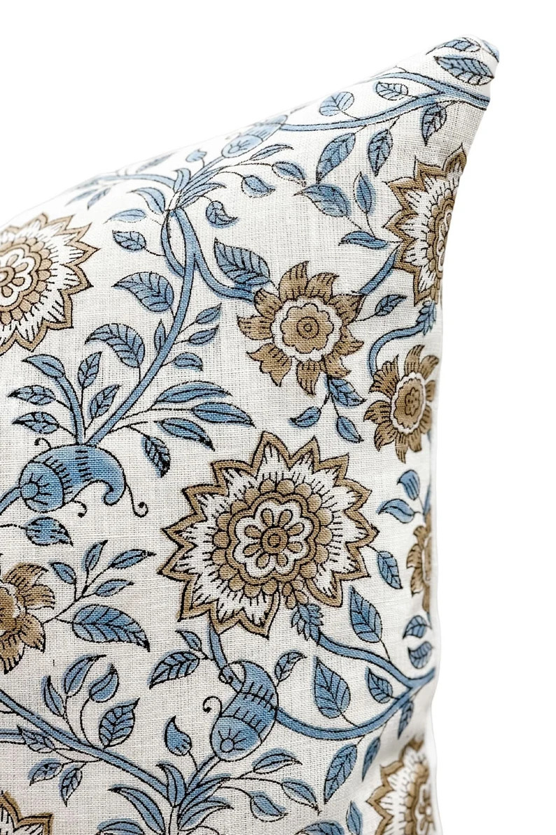 Designer Floral on Off White Linen Pillow Cover, Blue and Beige Pillow, Boho Pillow, Decorative T... | Etsy (US)