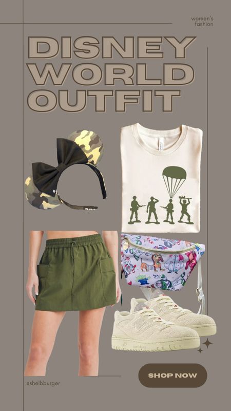 Women’s Toy Story Disney World outfit 

Camo Disney mouse ears
Toy soldiers graphic tee shirt
Green cargo skort 
Toy Story Fanny pack
New arrival New Balance sneakers

#LTKSaleAlert #LTKTravel #LTKShoeCrush