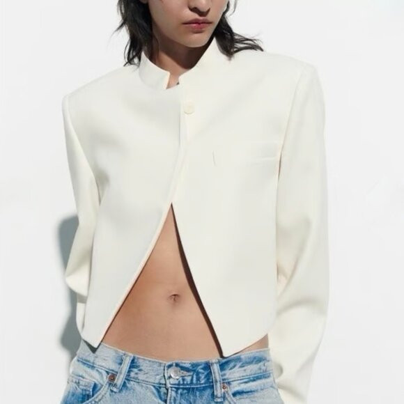 Zara Crop Blazer Jacket Cream Open Mandarin Collar Small | Poshmark