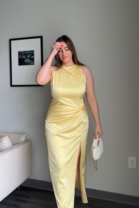 Butter yellow satin high neck Abercrombie LTK Sale wedding guest dress 💛✨🌼 wearing large tall! I’m 5’9” 180lbs :) 

#LTKmidsize #LTKSpringSale
