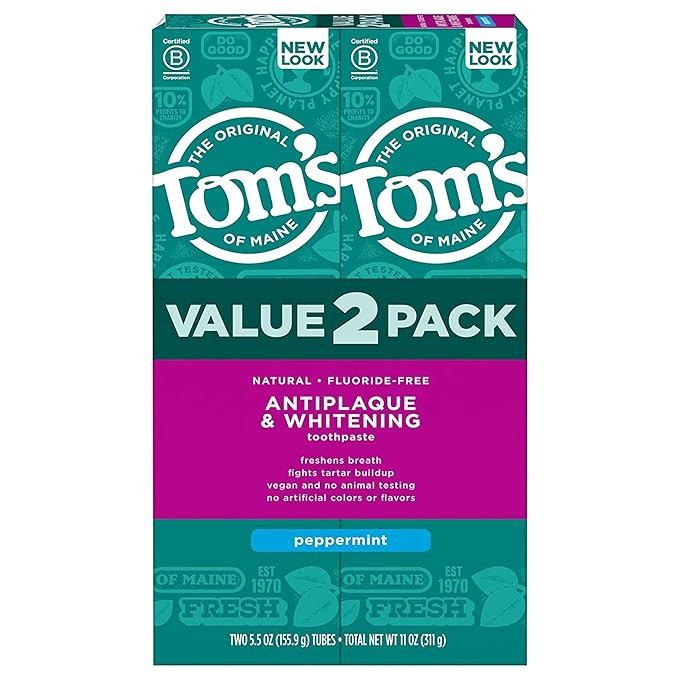 Tom's of Maine Fluoride-Free Antiplaque & Whitening Natural Toothpaste, Peppermint, 5.5 oz. (Pack... | Amazon (US)