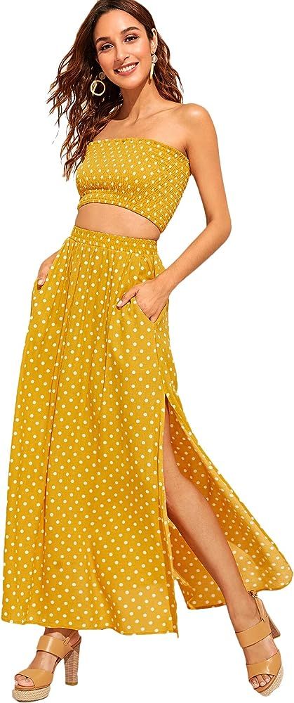 Floerns Women's 2 Piece Outfit Polka Dots Crop Top and Long Skirt Set with Pockets | Amazon (US)