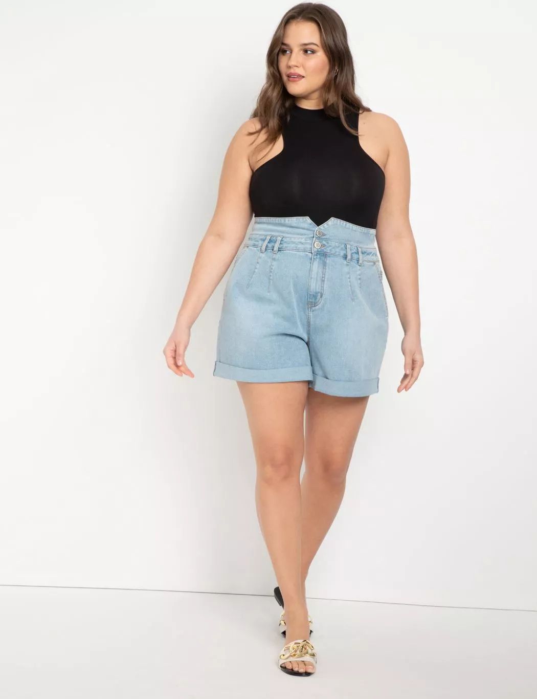 High Waisted Denim Shorts | Women's Plus Size Pants | ELOQUII | Eloquii